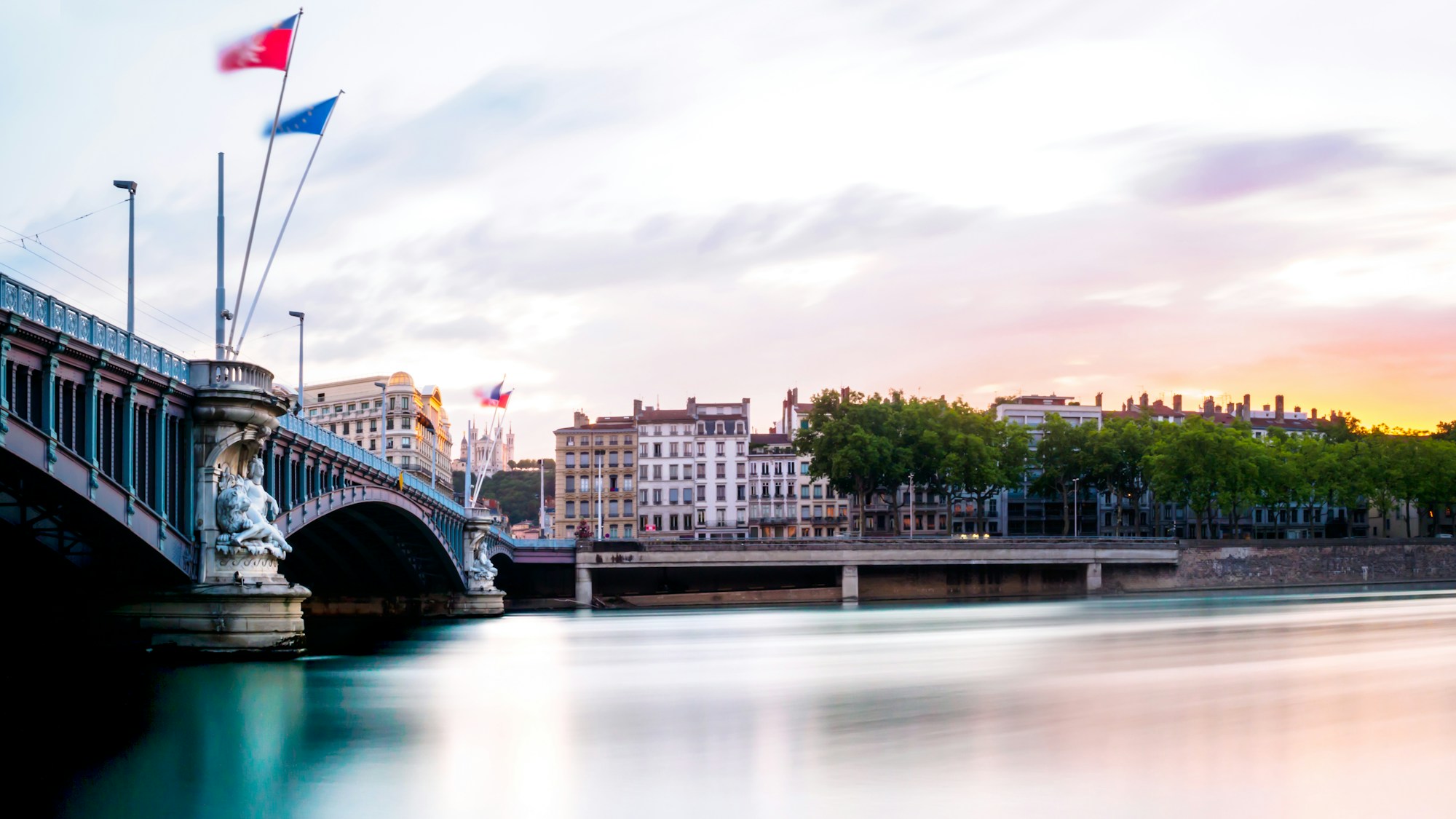 Lyon Fourvière and river at dusk
